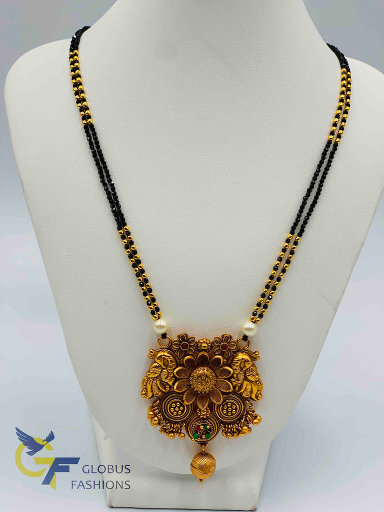 Cute black diamond beads chain with antique look peacock with flower design pendant