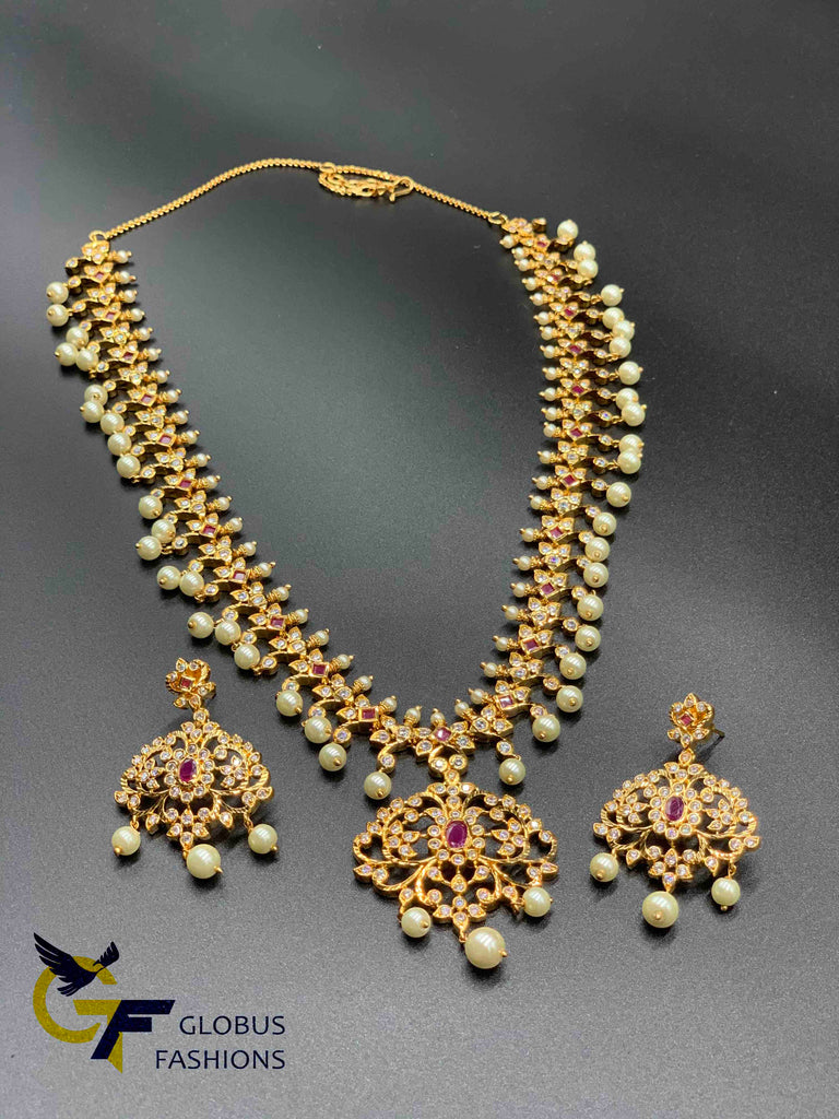 Cz stones and ruby stones with pearls long necklace set