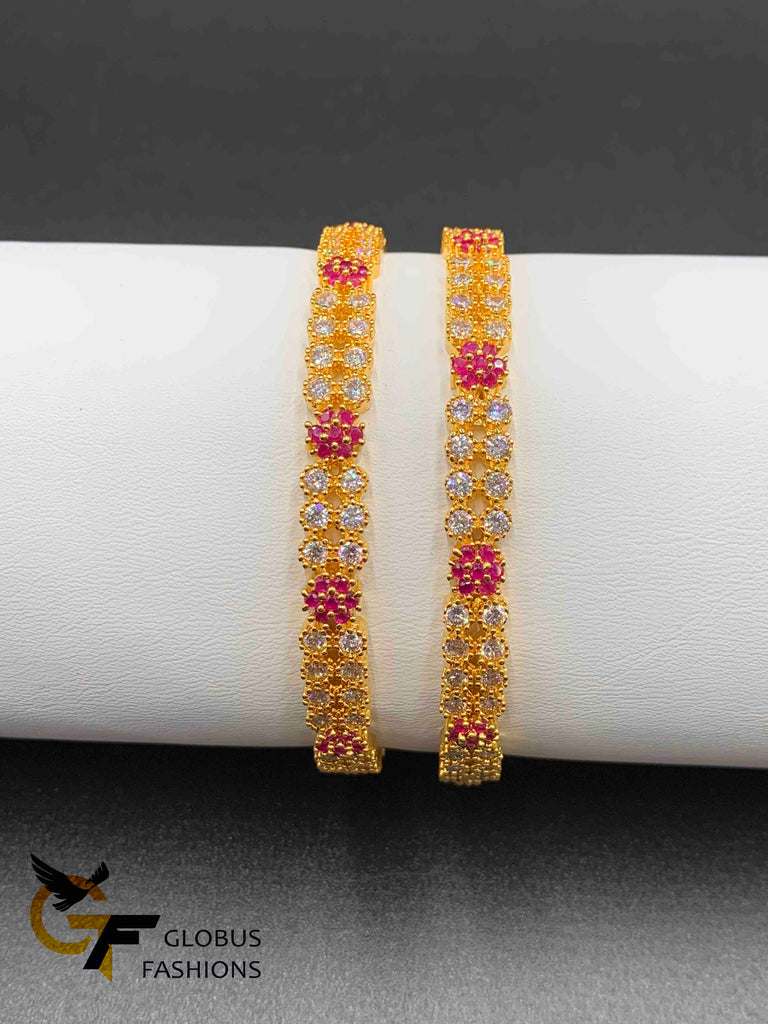 Double line cz stones with ruby  stones set of two bangles