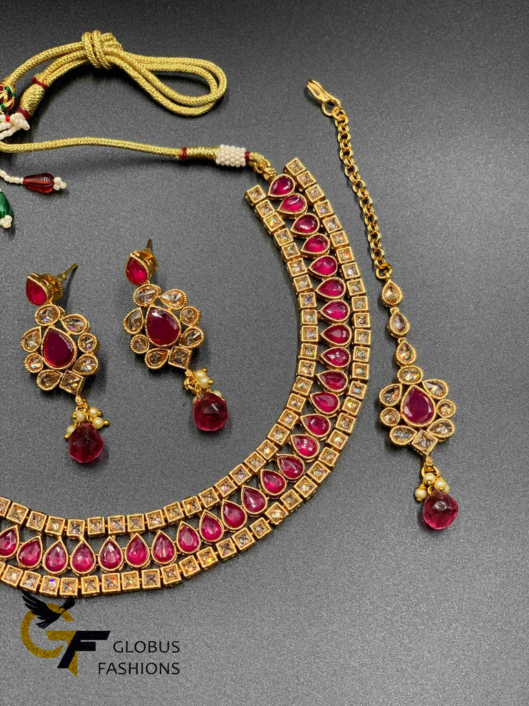Cute ruby with polki stones necklace set