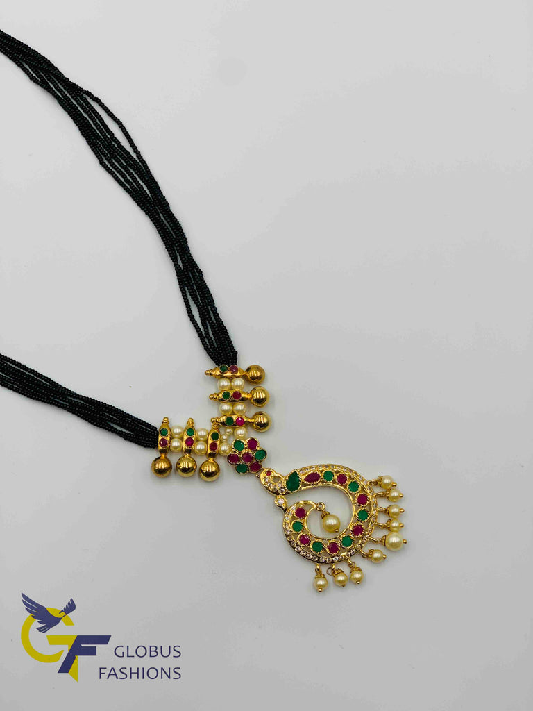 Bunch of small black beads chains with multicolor stones peacock design pendant