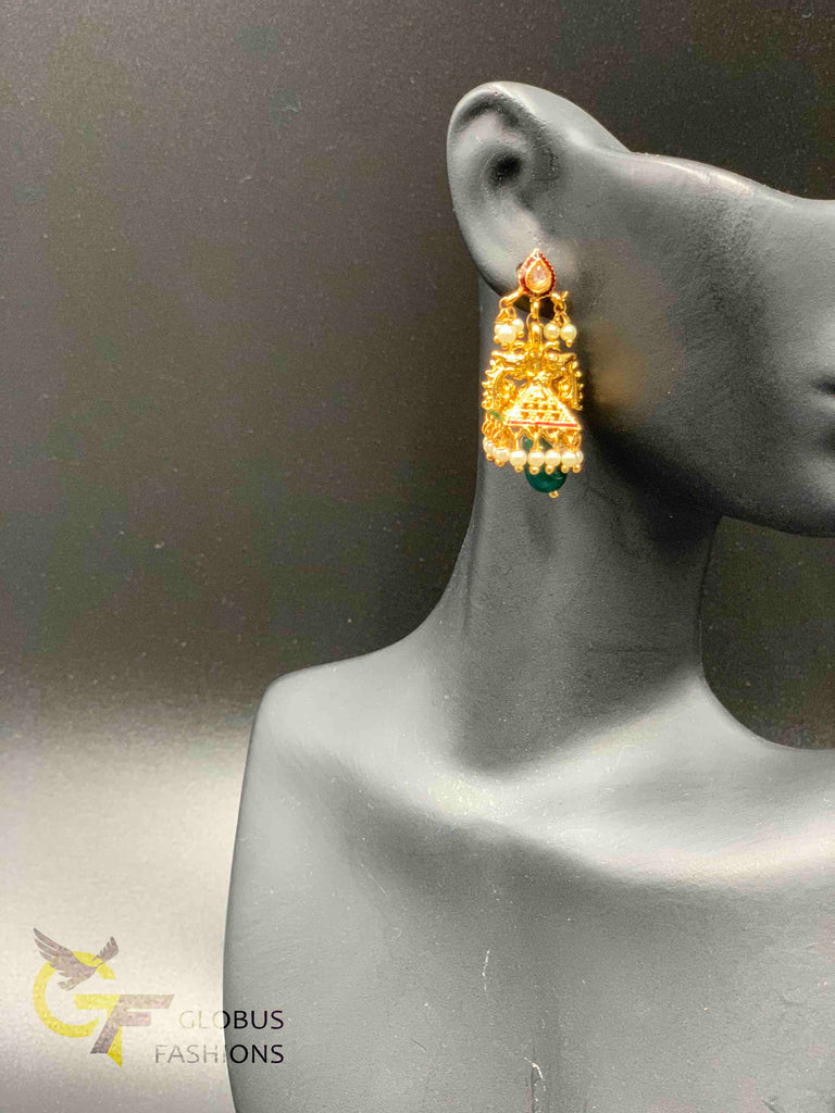 Traditional peacock design with pearls jumka earrings