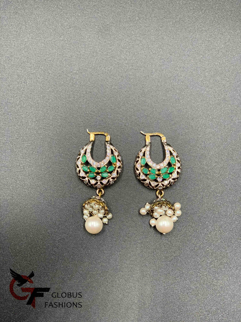 Cz stones and emerald stones with pearls jumka earrings