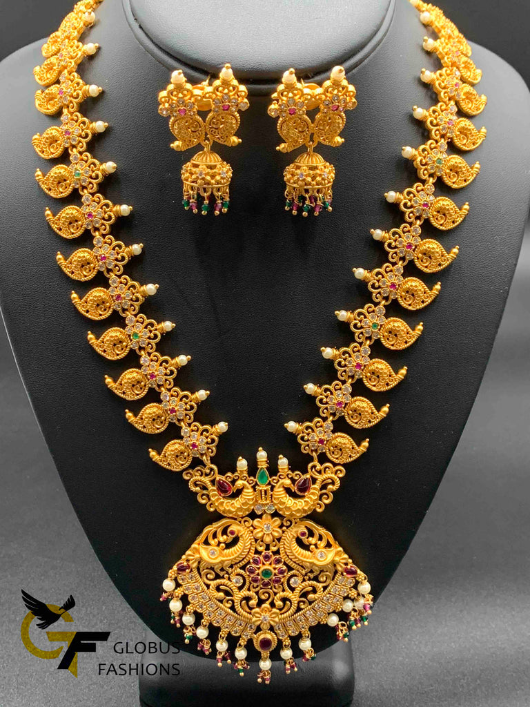 Traditional and antique look peacock and mango design long necklace set