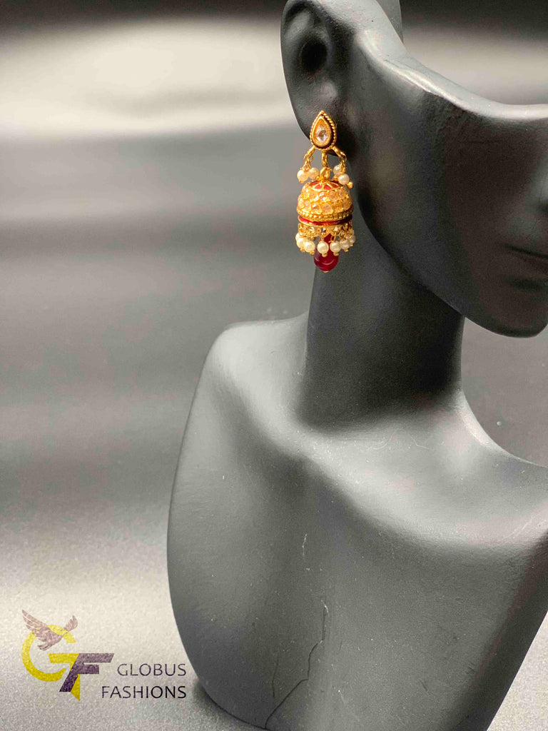 Cz stones and ruby stones with pearls simple jumka earrings