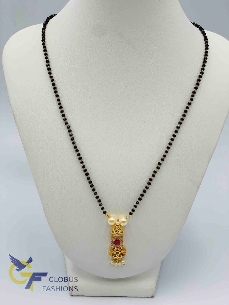 Simple peacock design with multicolor stones pendant with black diamond beads chain