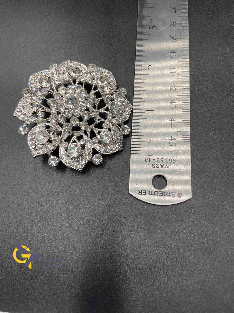 Silver tone flower design CZ stones Saree pin/ brooch