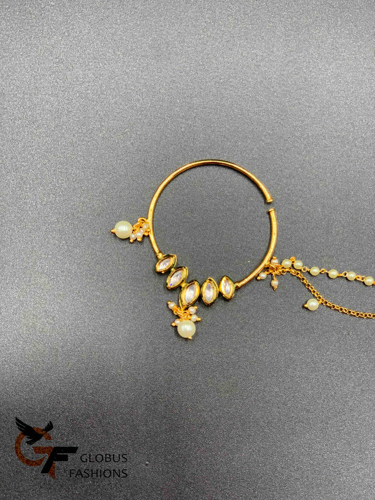 Ovel shape kundan stones nose ring with pearls chain