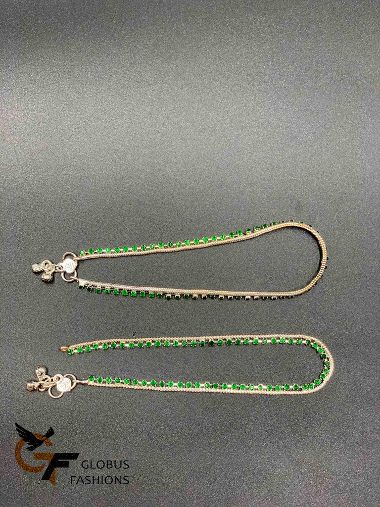 Silver chain with green color stones anklets