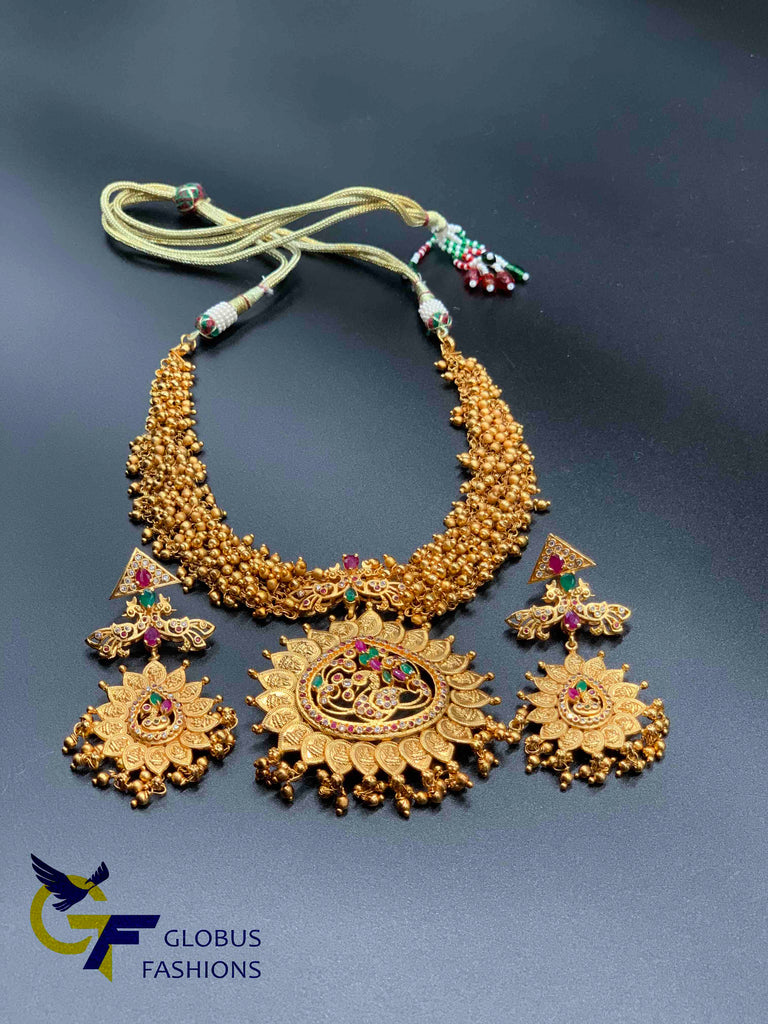 Traditional look antique Peacock and Lakshmi print design necklace set