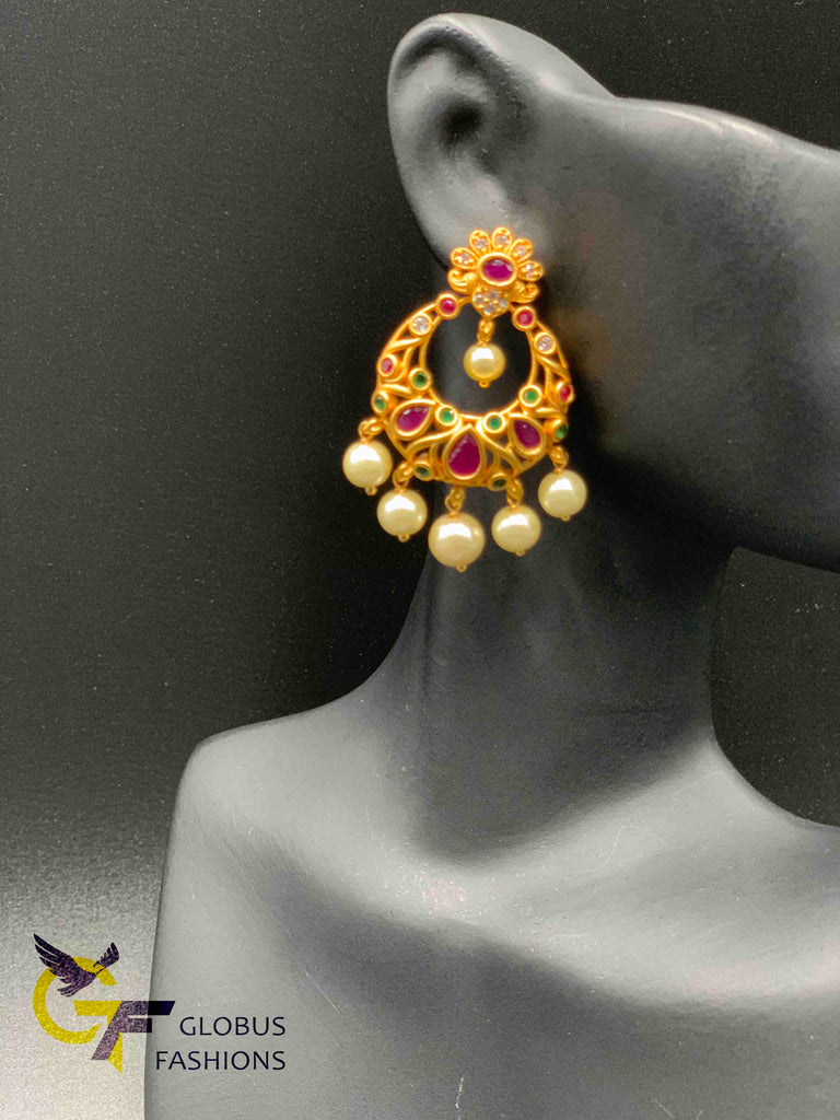 Traditional look multicolor stones and pearls chandbali earrings