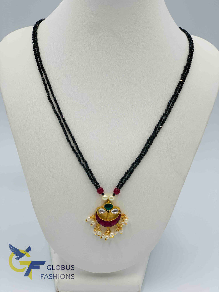 Black diamond beads chain with cute kundan stones pendant