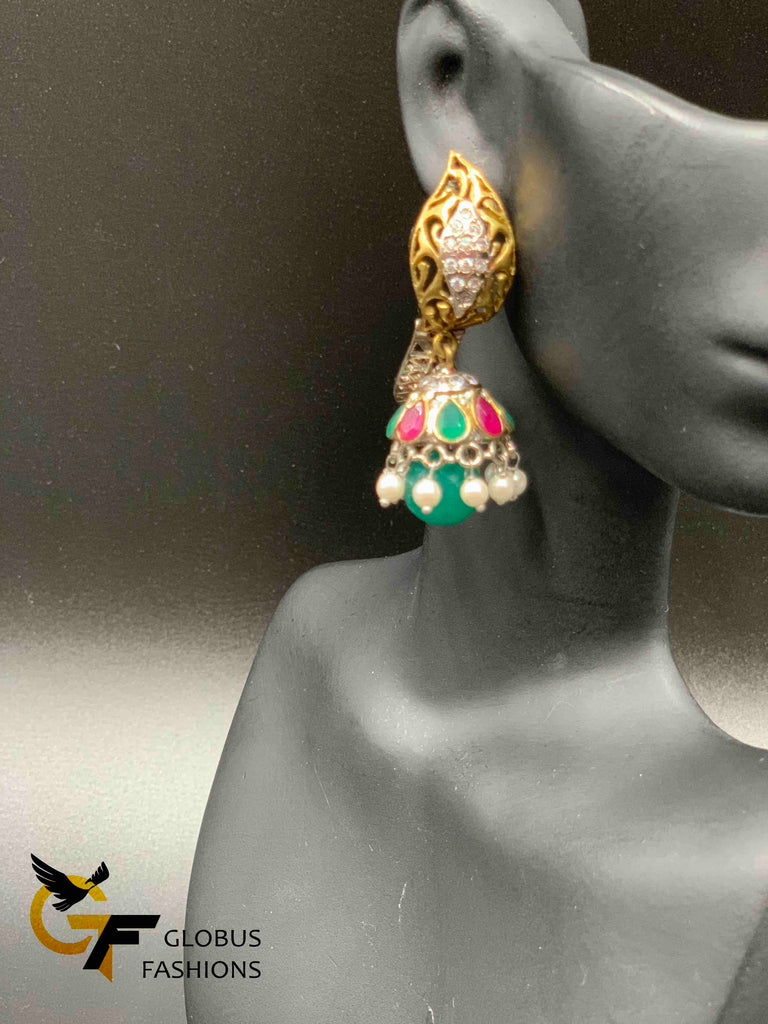 Multicolor stones with pearls German silver jumka earrings