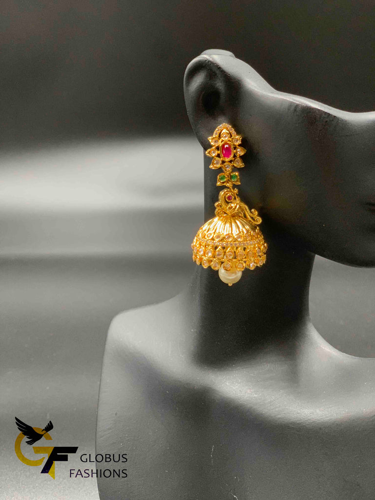 Uncut cz stones with peacock design jumka earrings