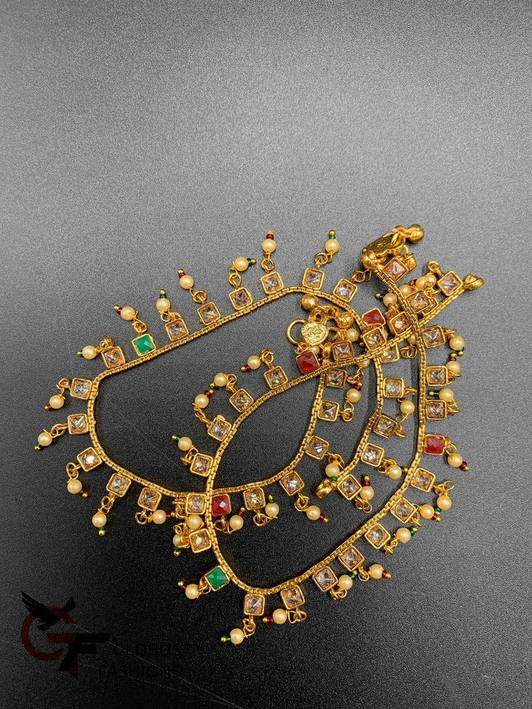 Antique look finished anklets with square-shaped kundan and multicolor stones