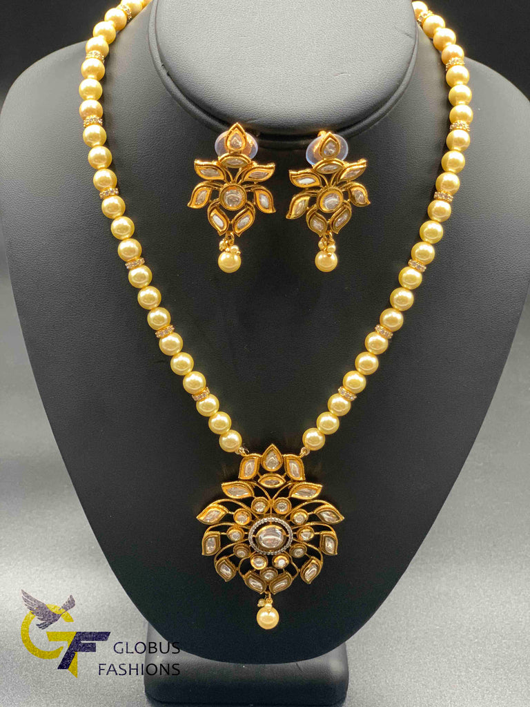 Natural and real pearls chain with real Kundan stones necklace set