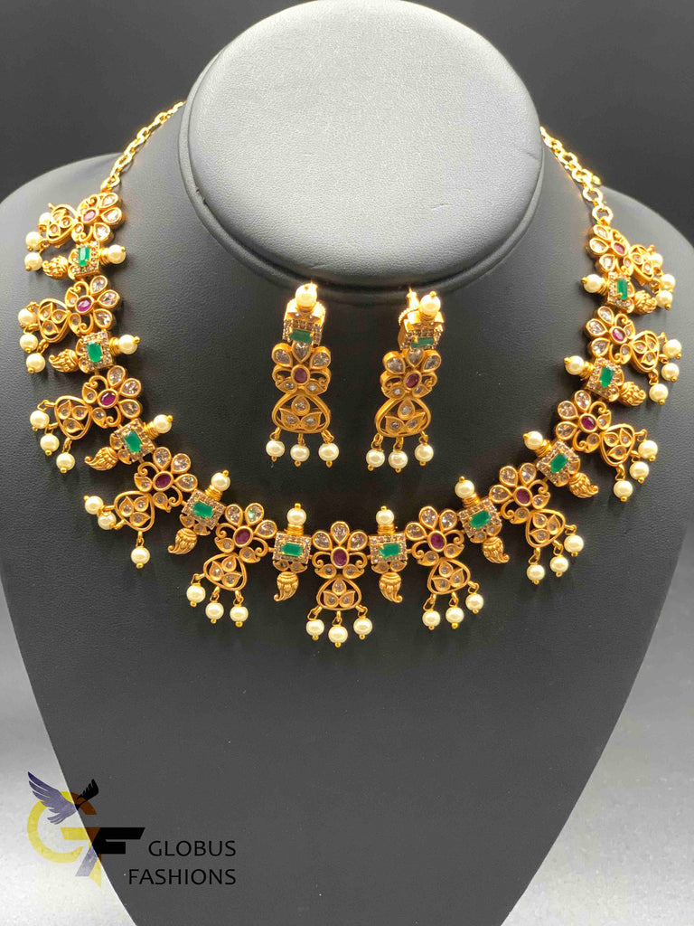 Antique finished necklace with multicolor stones and pearls