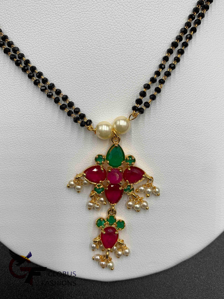 Multicolor Stones with Pearls pendant with double line black Diamond Beads Chain