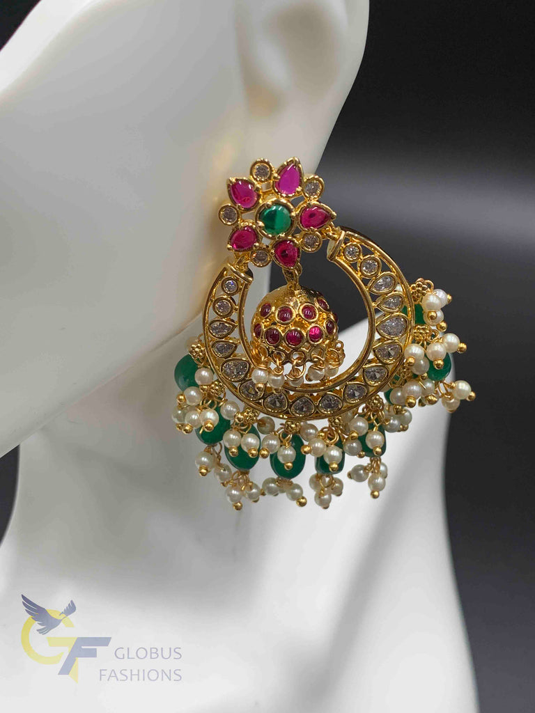 Multicolor Stones with emerald beads Chandbali Earrings
