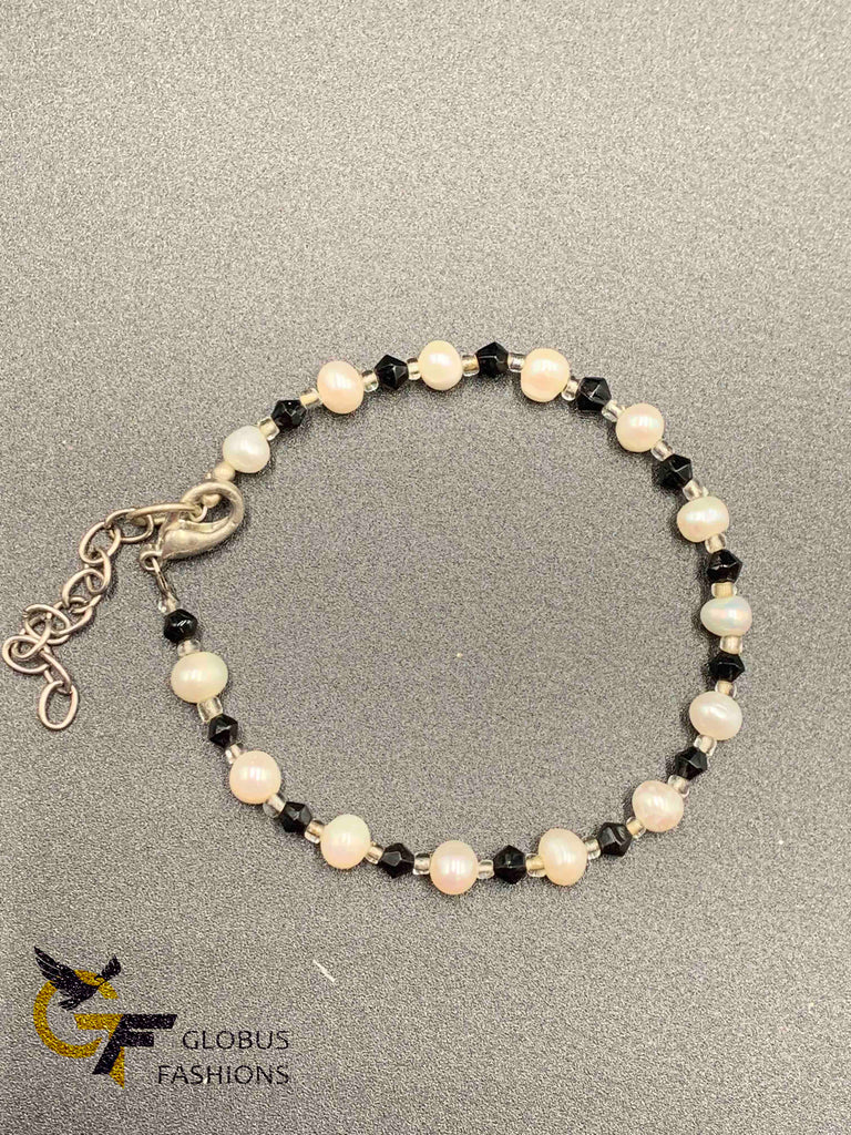 Pearls with black crystal beads silver bracelet