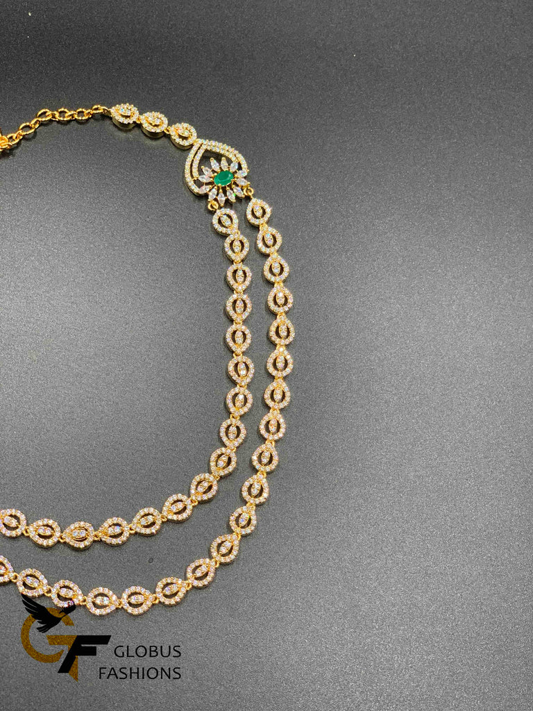 Double line CZ stones and emerald stones necklace set