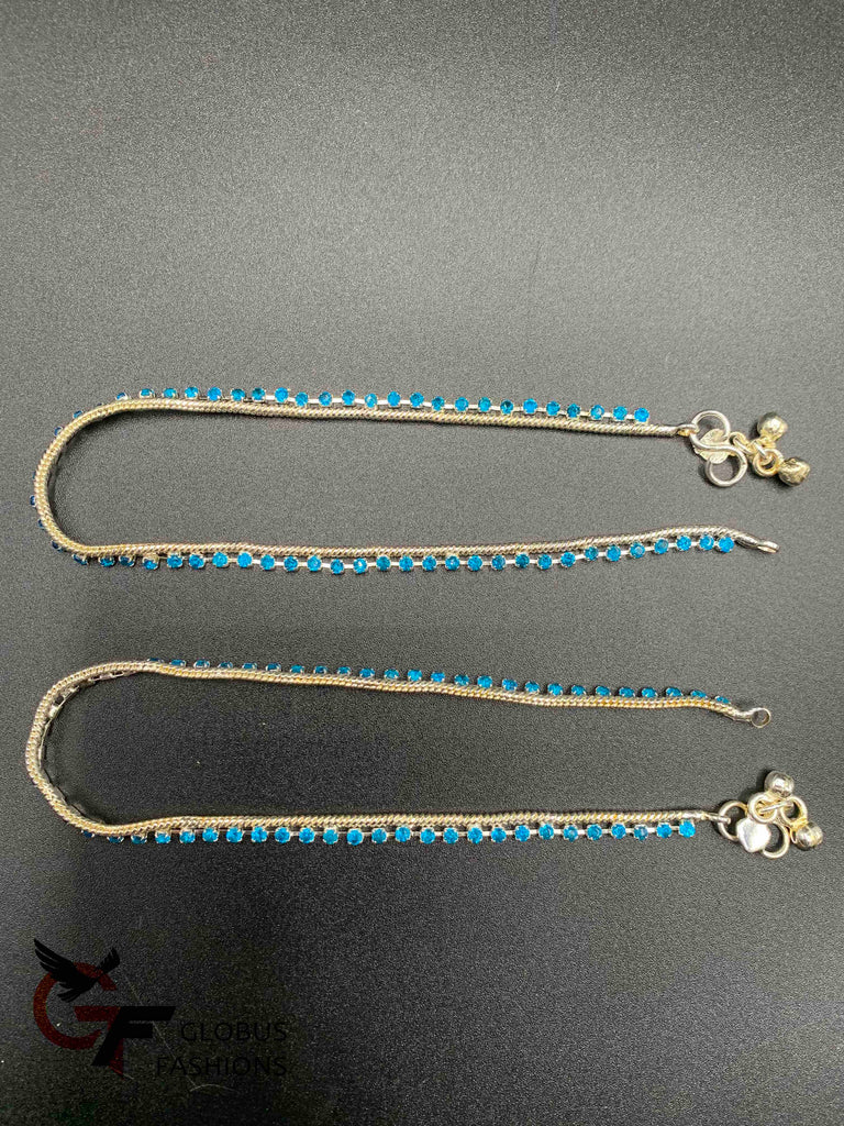 Blue color stones with silver base anklets