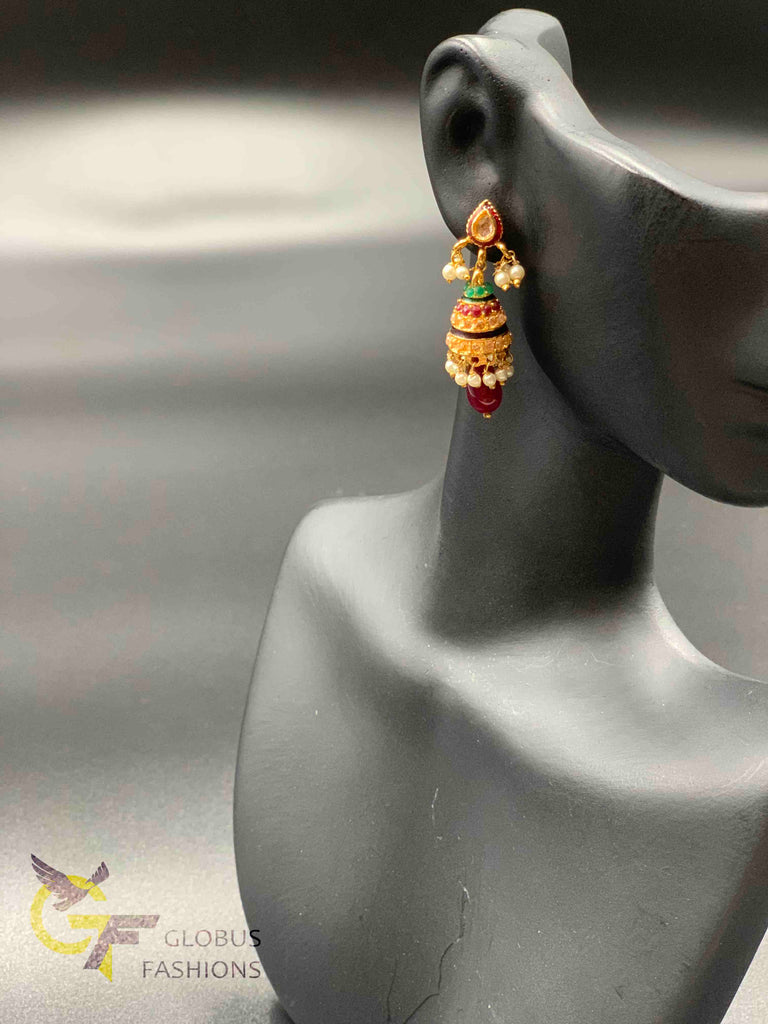 Traditional look multicolor stones with pearls jumka earrings