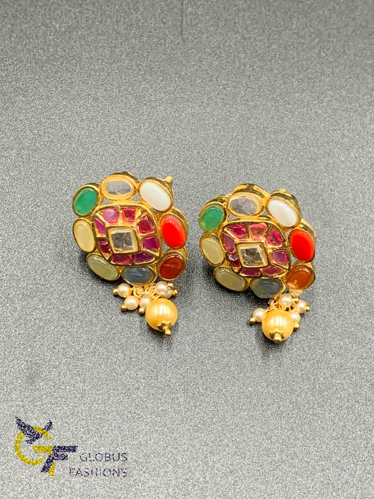 Square shaped navarathna stones with Pearls stud type earrings