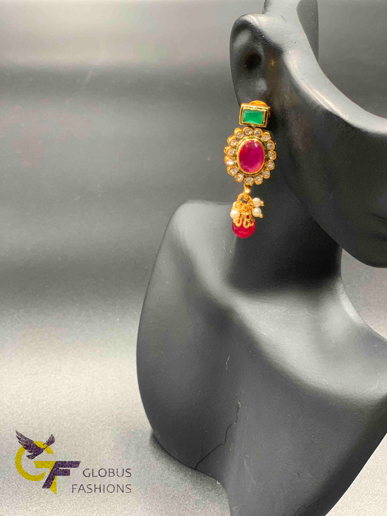 Cute rajwadi kundan stones with multicol stones three line necklace set