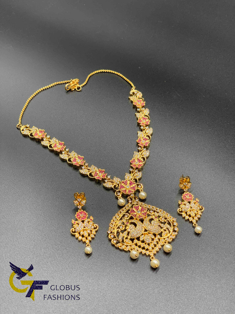 Beautiful peacock and flower design cz stones with ruby and pearls necklace set