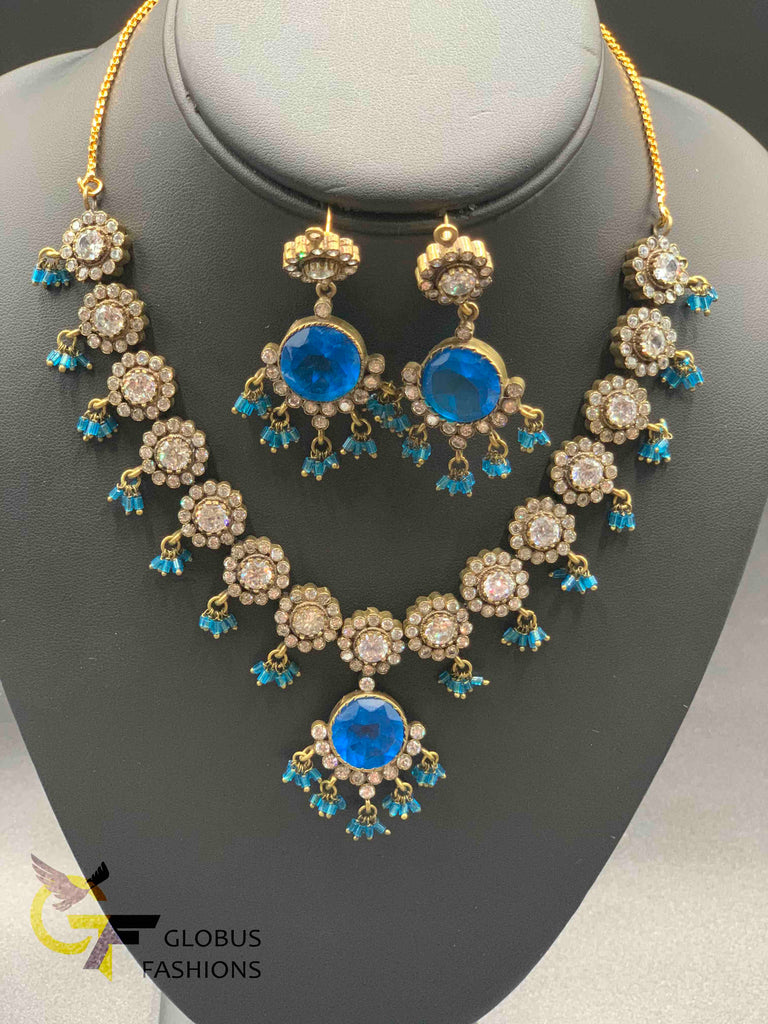 Beautiful cz stones and blue color stones Victorian necklace set