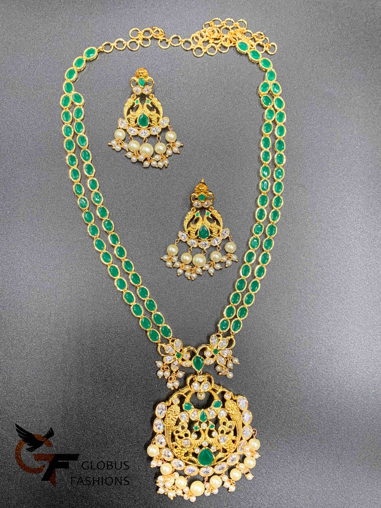 Double line emerald stones with CZ stones and pearls pendant with matching earrings