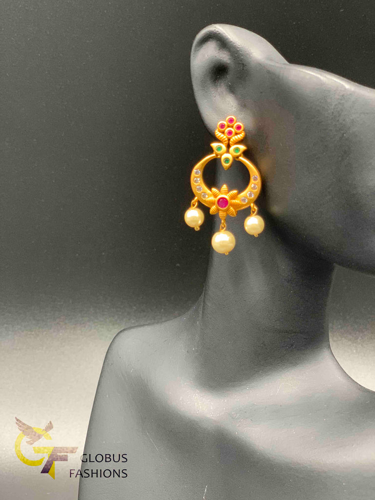 Small multicolor stones with pearls chandbali earrings