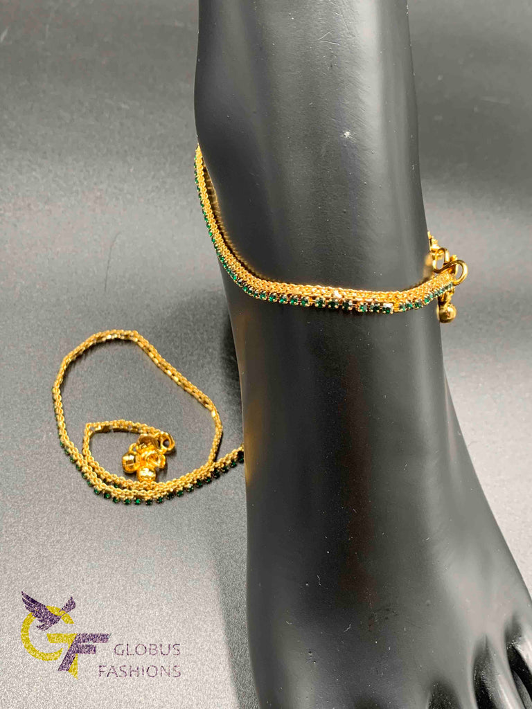 Green color Stones with gold finish anklets