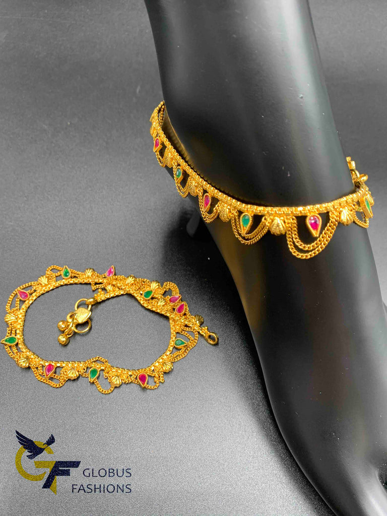 Elegant design gold chains with multicolor Stones anklets
