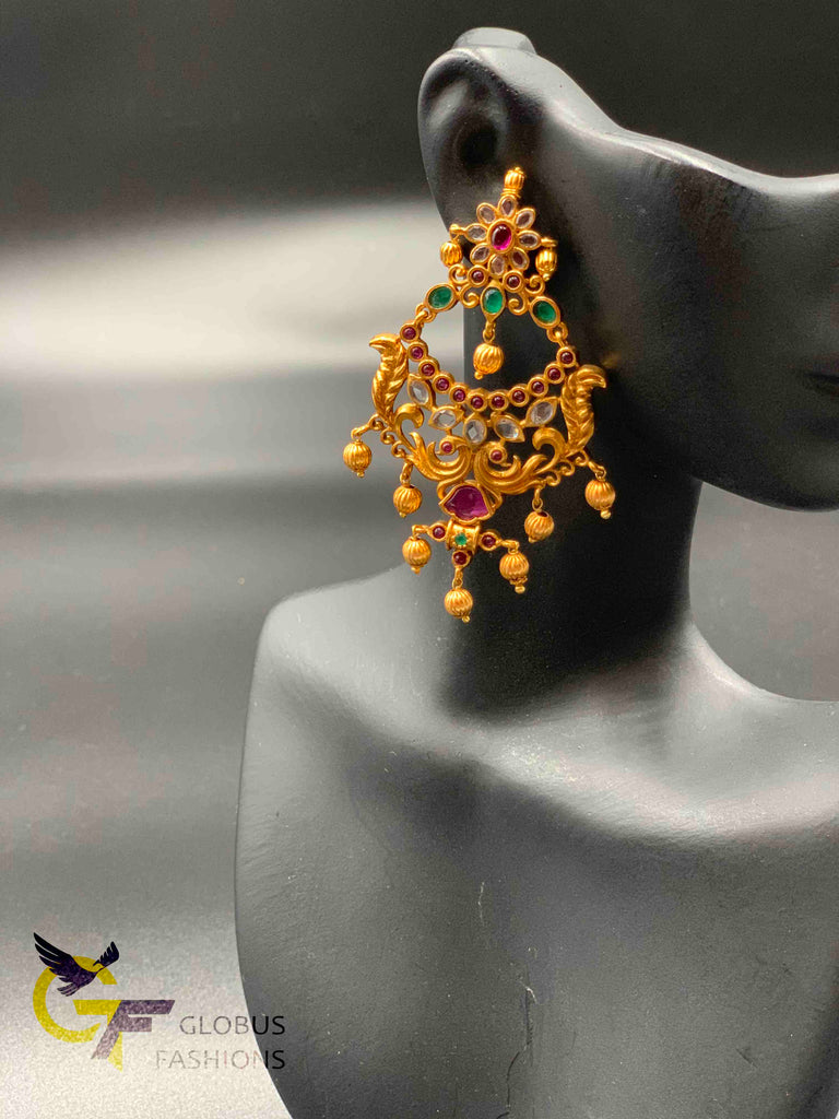 Elegant antique look multicolor stones with uncut cz stones big size chandbali earrings