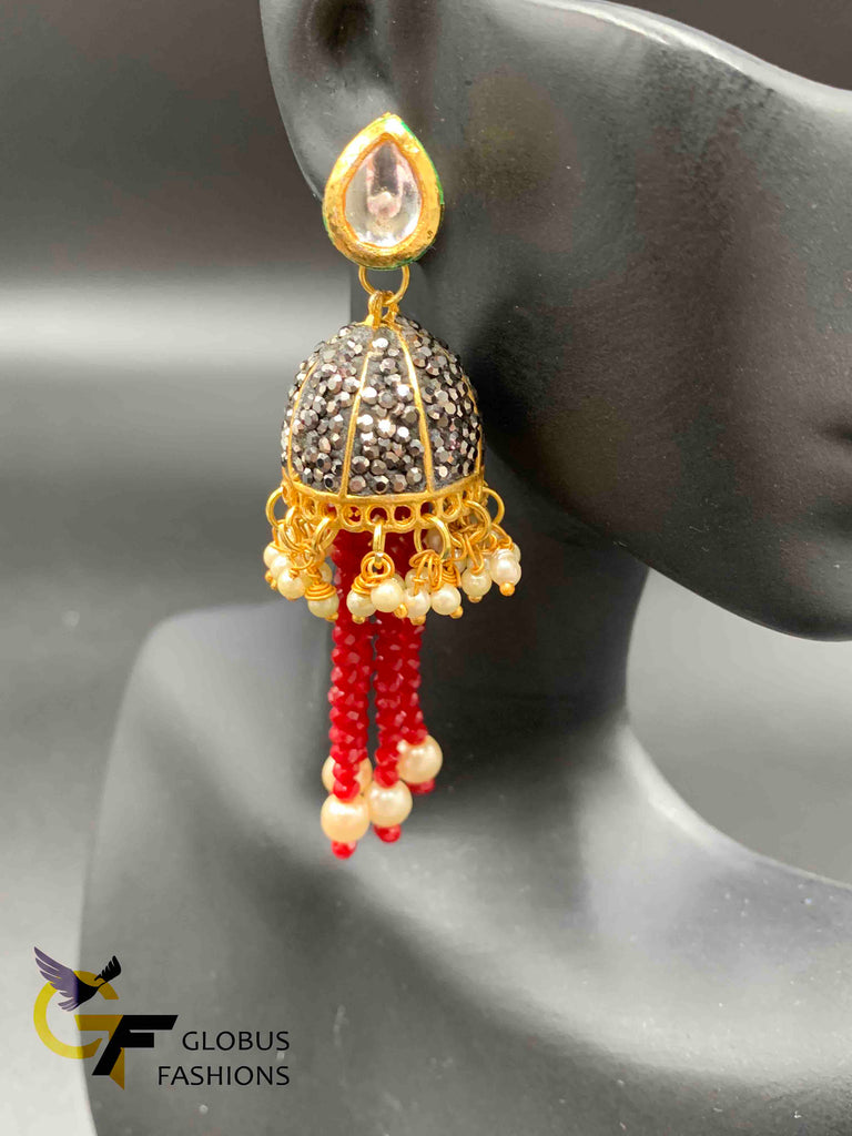 Red color beads with black stones pendant and matching jumka earrings