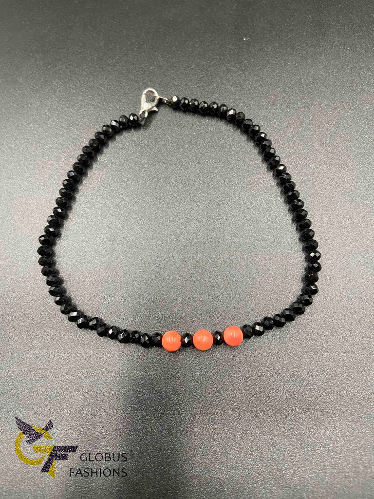 Black crystal beads with pink coral  beads single anklet