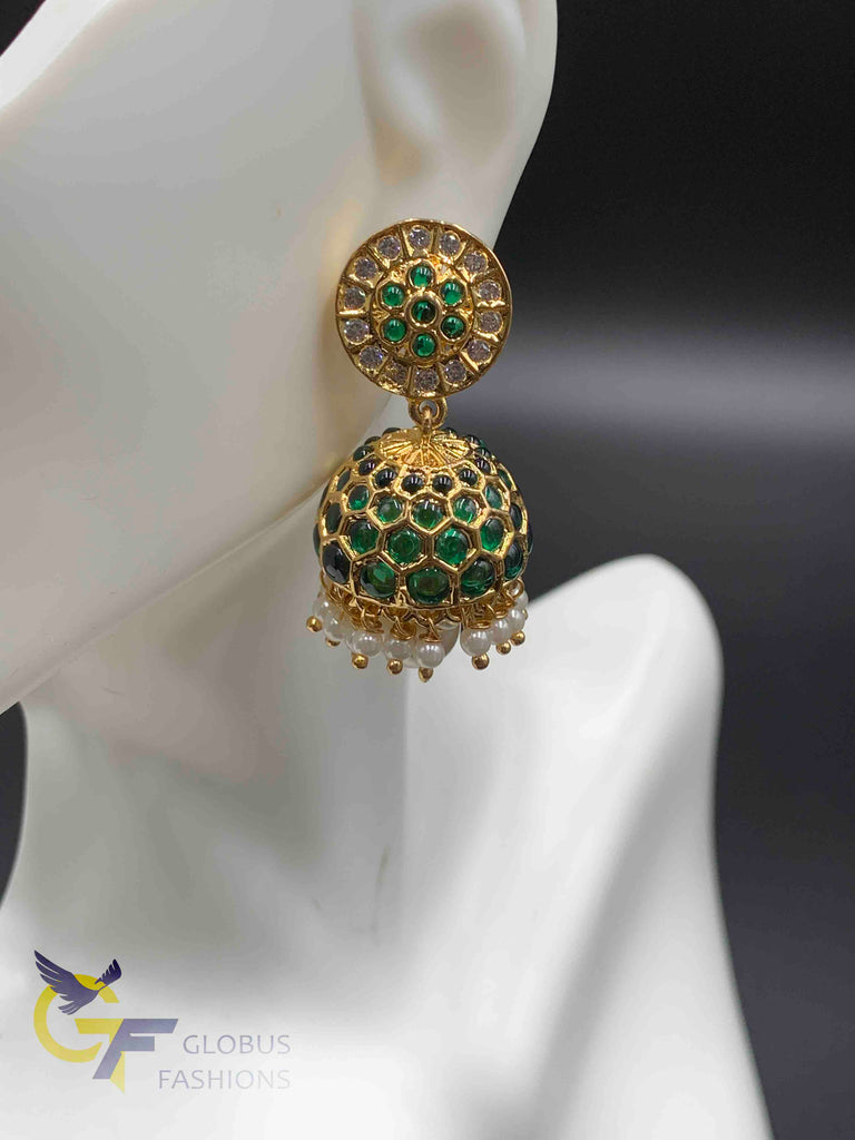 Traditional look emerald Stones and Pearls Jumka Earrings