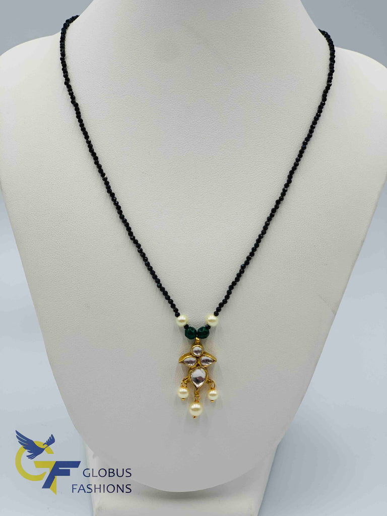 Single line black diamond beads chain with kundan stones pendant