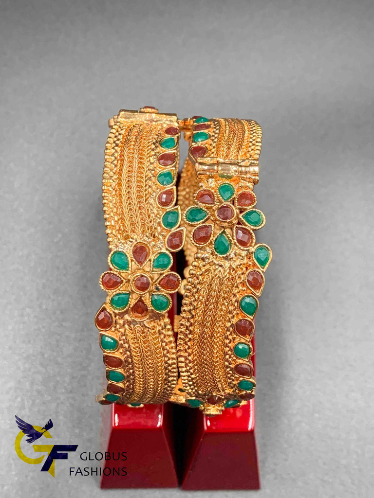 Antique look multicolor stones screw type kada bangles