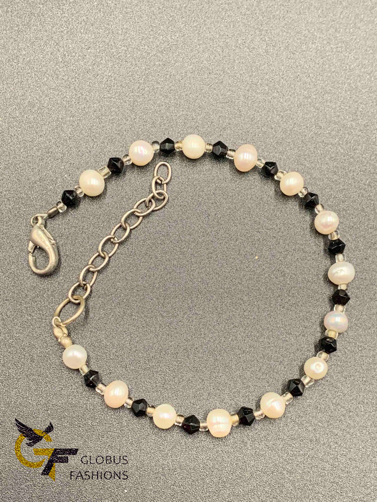 Pearls with black crystal beads silver bracelet