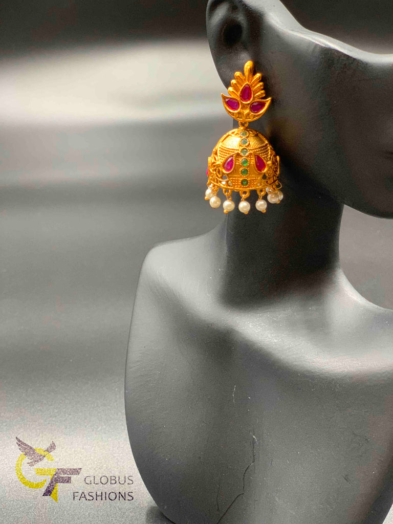 Traditional antique look multicolor stones with pearls jumka earrings