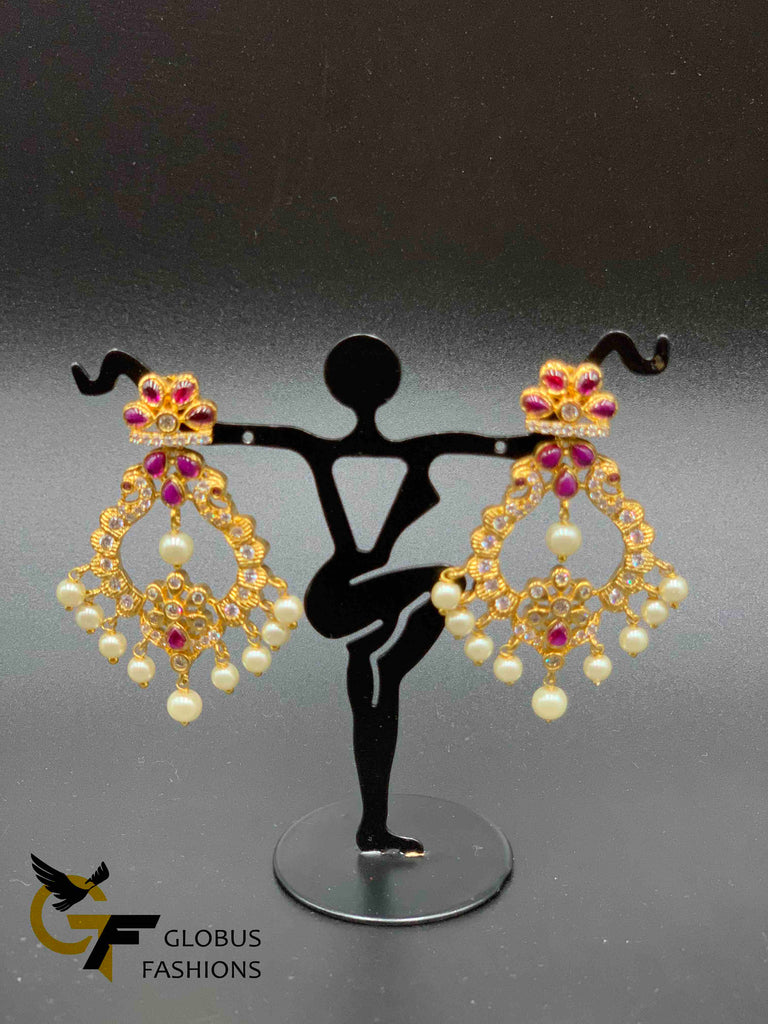 Traditional ruby and ca stones with pearls chandbali earrings