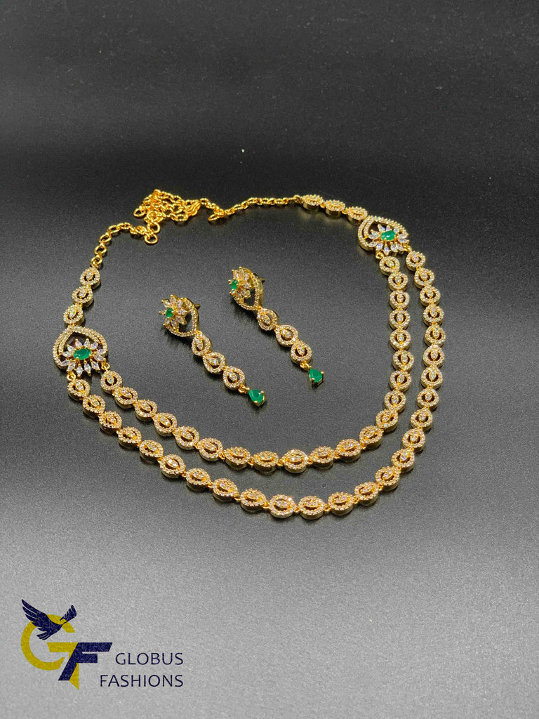 Double line CZ stones and emerald stones necklace set
