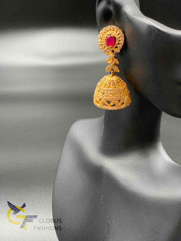 Cz stones and ruby stones with pearl hanging jumka earrings