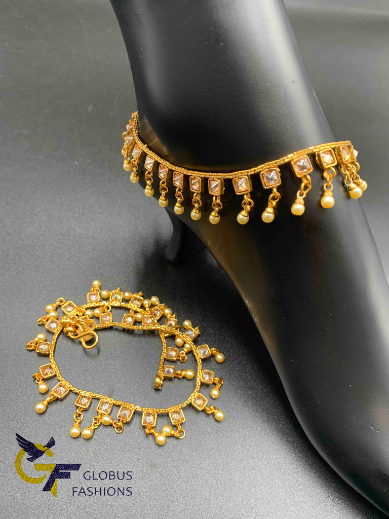 Antique look anklets with pearls and square type Kundans