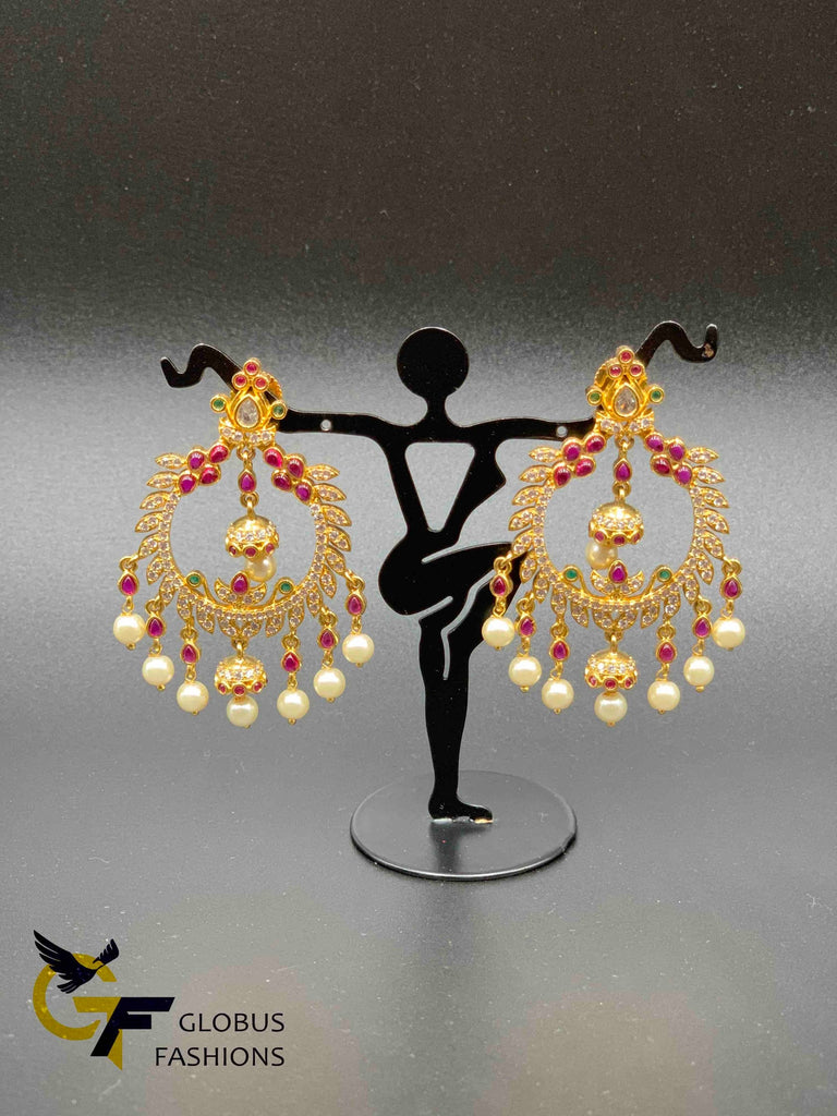 Elegant cz stones and rubies with pearls chandbali earrings