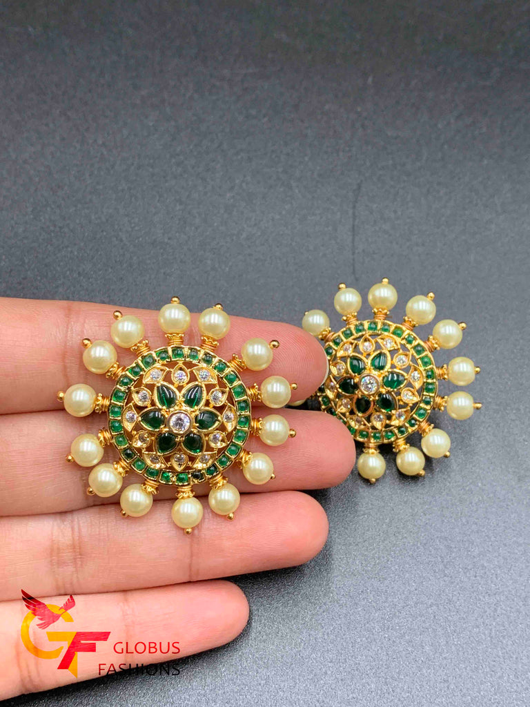 Pearls with emerald Stones stud type earrings