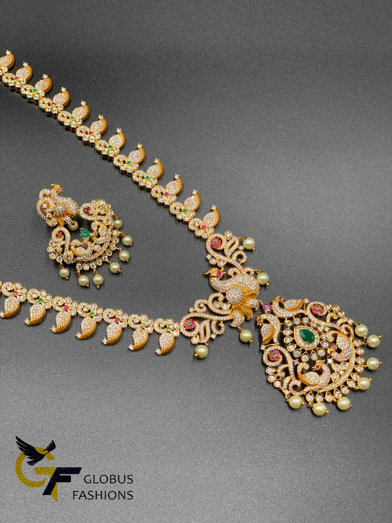 Traditional mango design with Peacock design Multicolore stones long necklace set